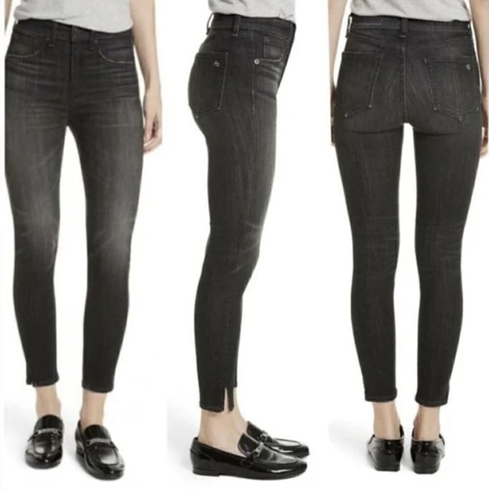 Rag & Bone Black Ash Washed Out High Rise Ankle Skinny Denim Jeans Slit Hem 26